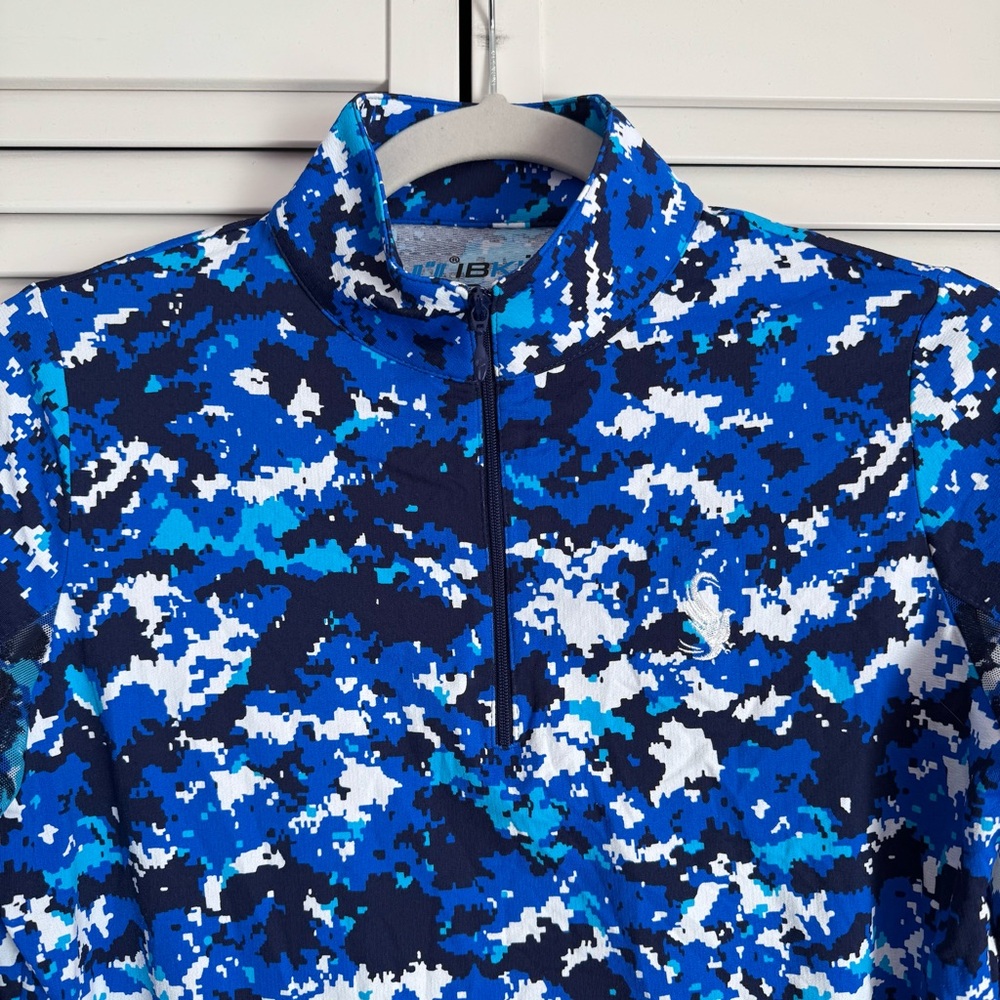 IBKUL Mock Neck Zip Long Sleeve UPF50+ Shirt Camo Blue Golf Tennis LOGO Small - Picture 3 of 8